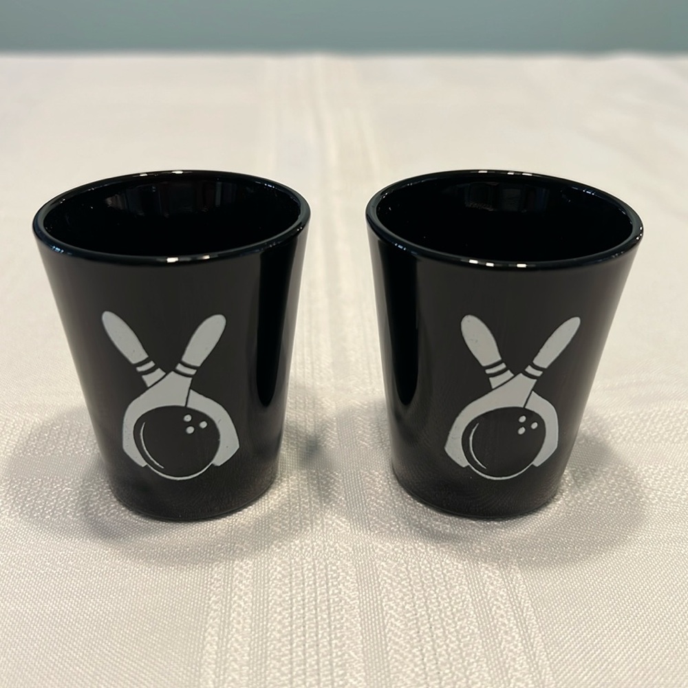 Canadian Club Shot Glasses Black Glass Bowling Pins and Ball